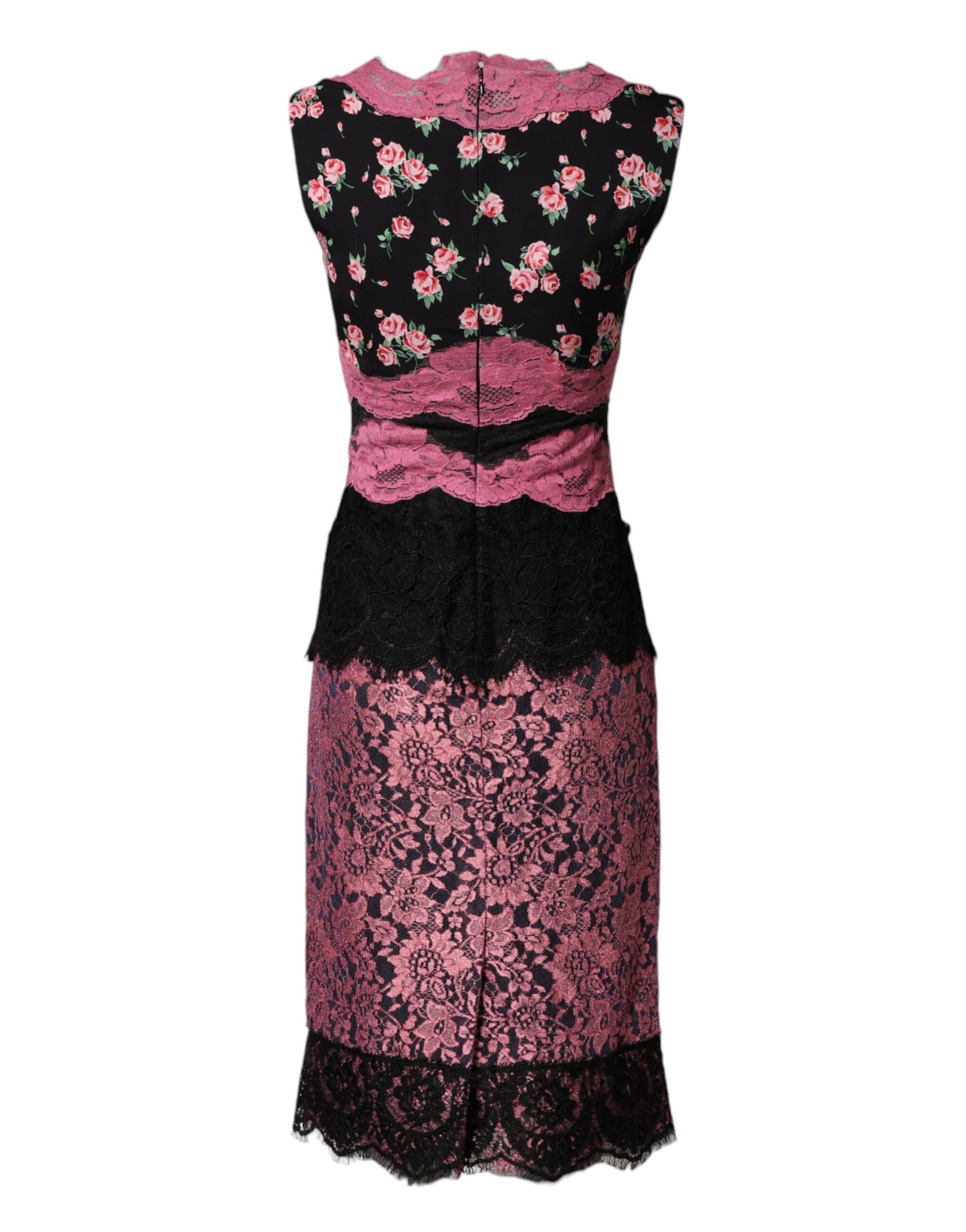 A black, pink, and floral lace silk sheath dress from Dolce & Gabbana