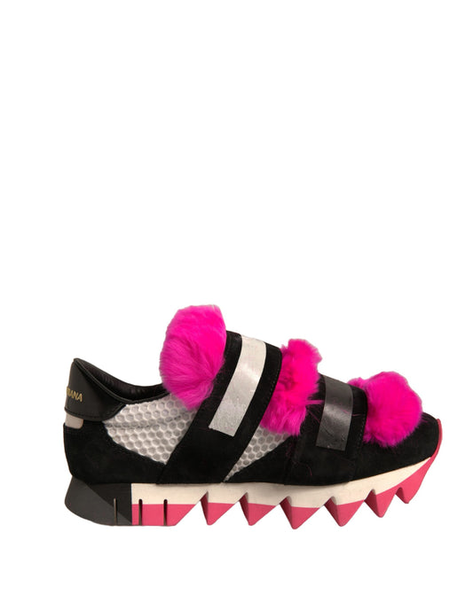 Pink and black sneaker with fluffy pink trim