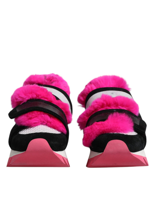 Pair of black pink fur embellished sneakers with white soles
