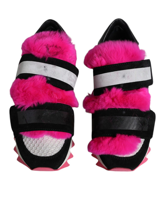 Pair of black pink fur embellished sneakers with white stripes