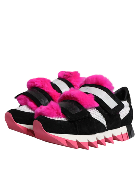 Pair of black pink fur embellished sneakers with white stripes and a strap