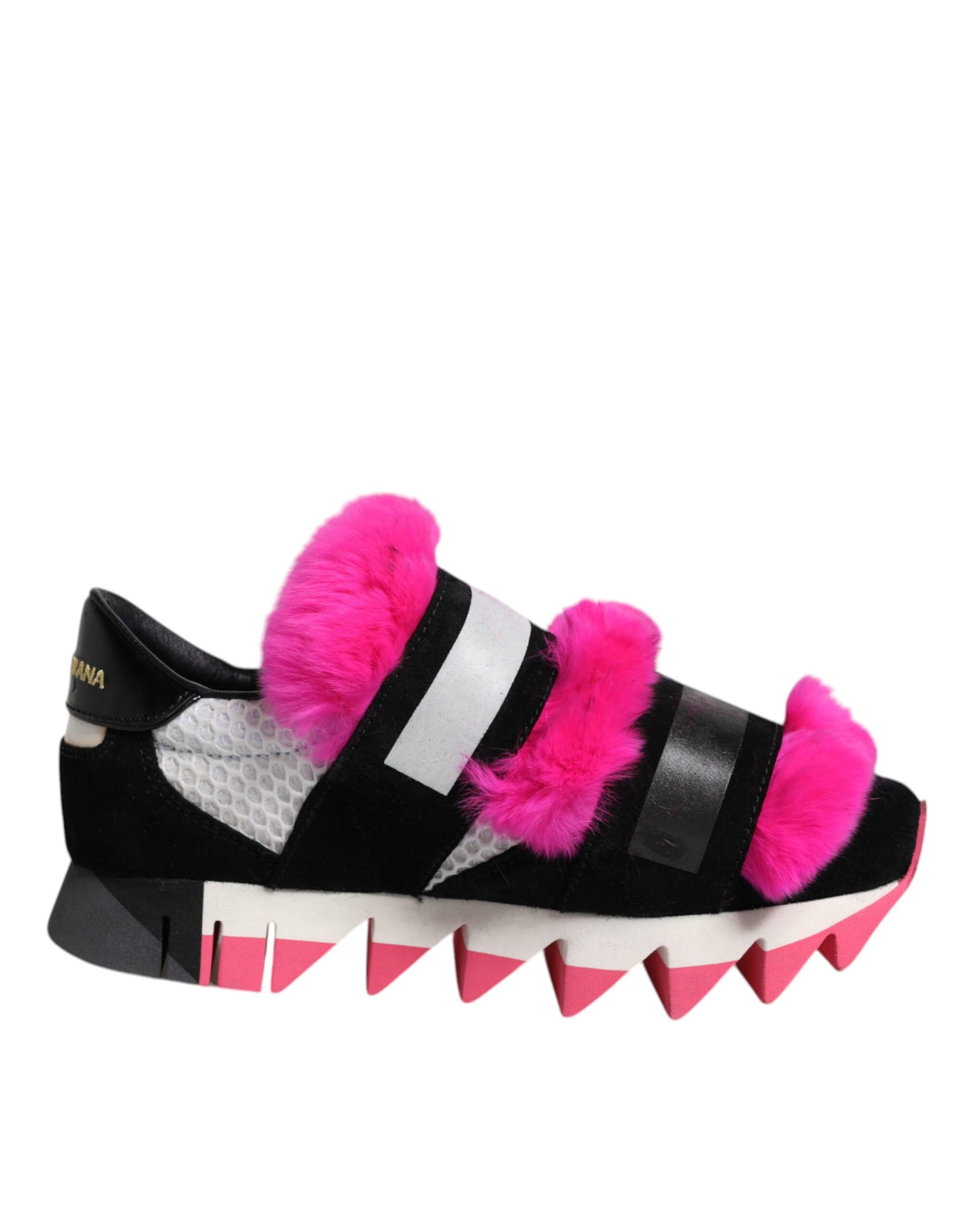 Pair of black pink fur-embellished sneakers with white laces and red accents