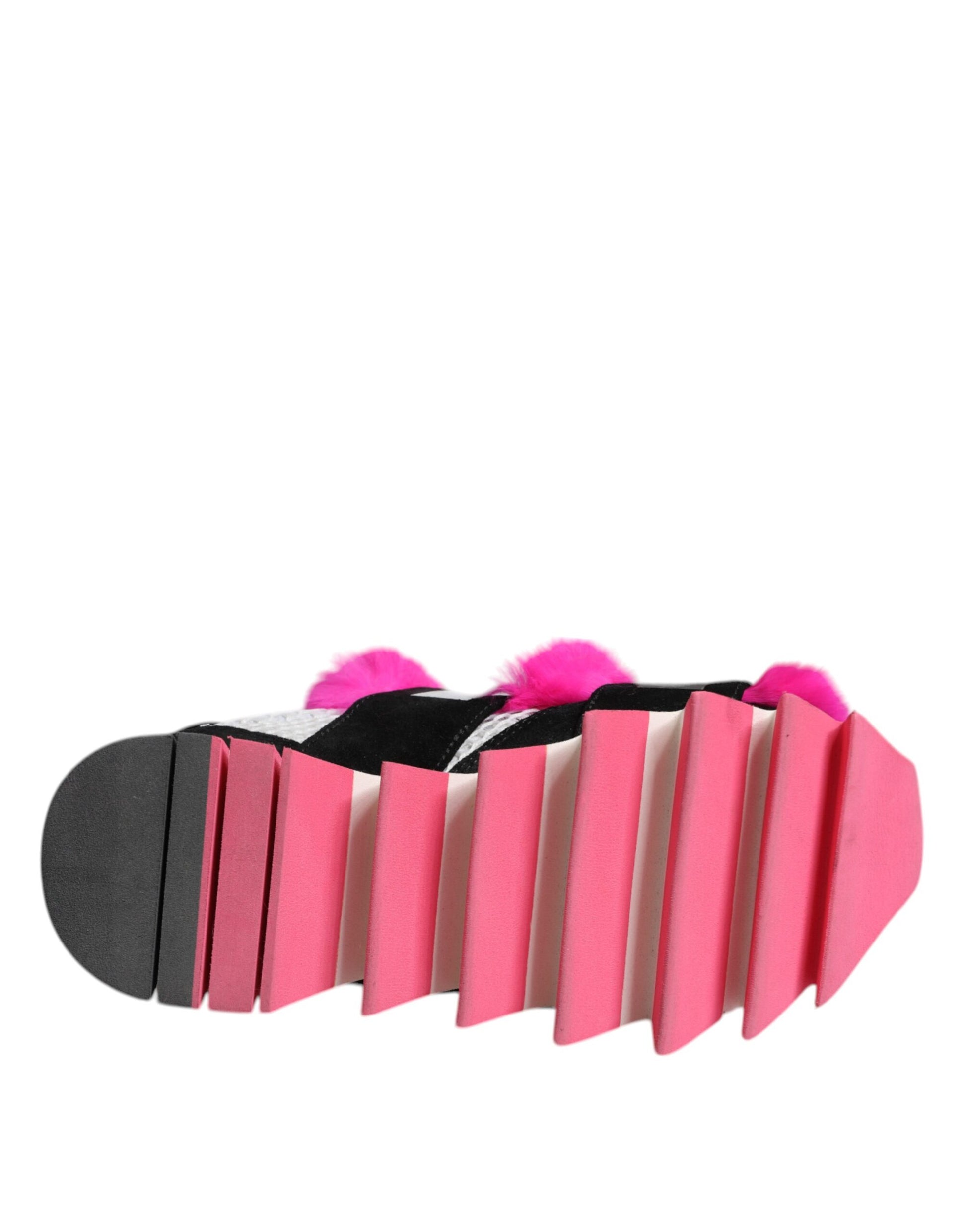 A pair of black pink fur embellished sneakers with a unique design