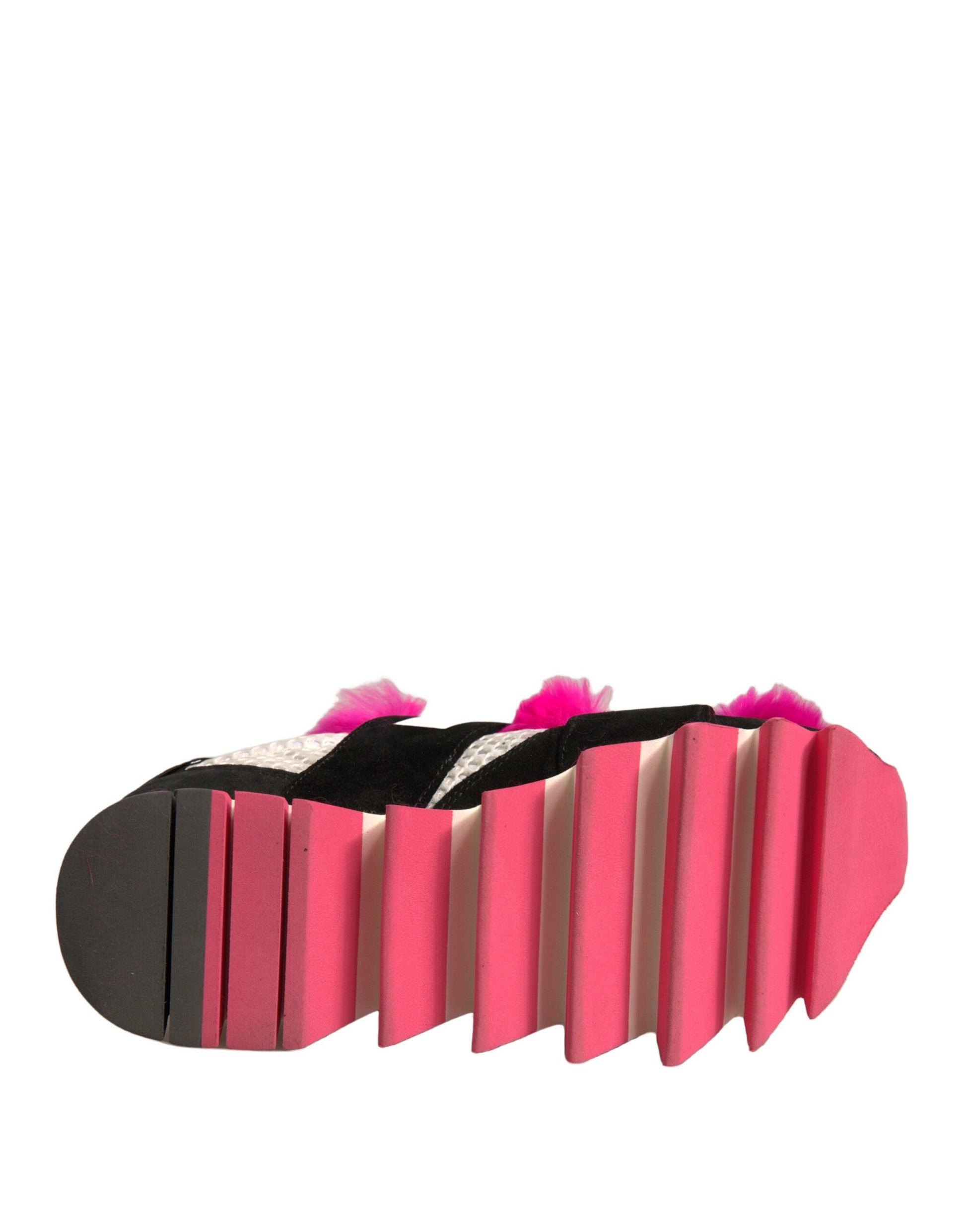 Pink and black shoe with ruffles on top