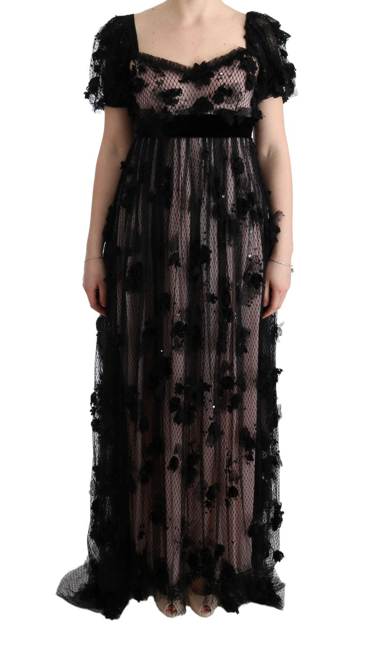 Long black lace dress with ruffles on sleeves