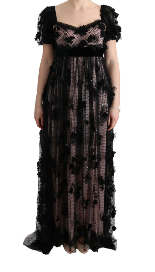 Long black lace dress with ruffles on sleeves