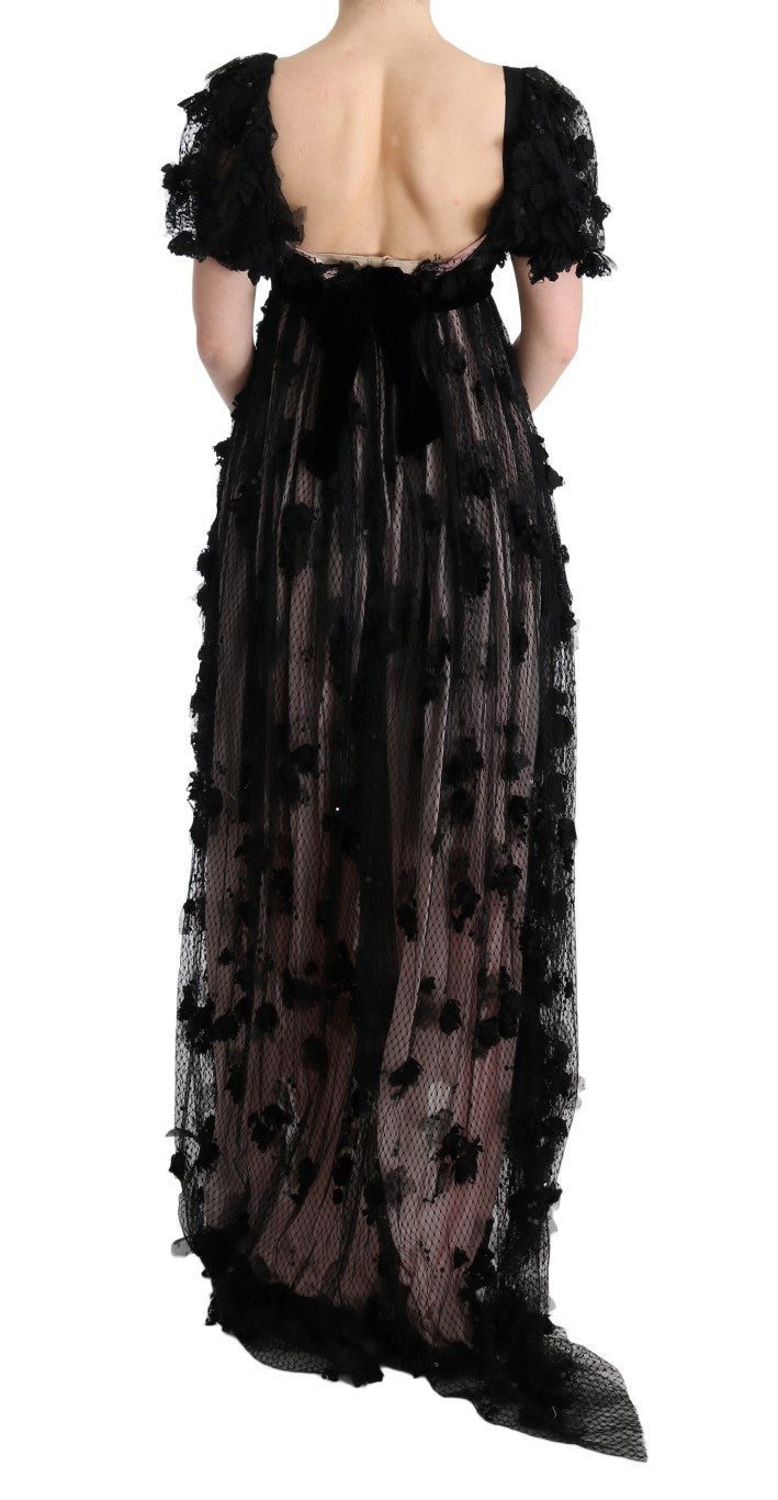 Long black lace dress with ruffles on back