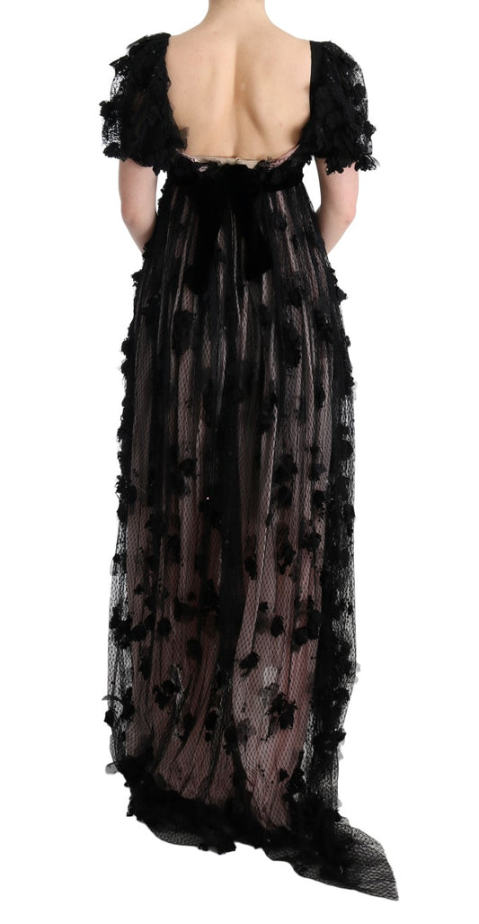 Long black lace dress with ruffles on back