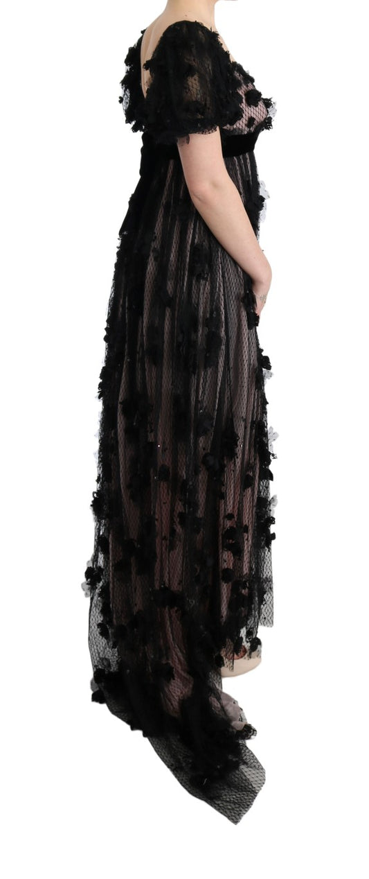 Long black lace dress with ruffled sleeves