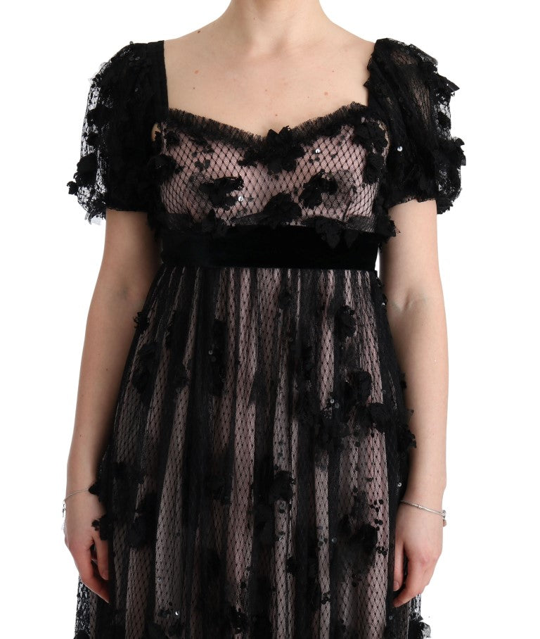 Long black lace dress with puffy sleeves
