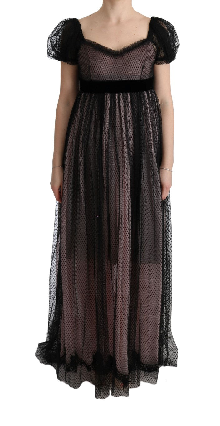 Long black lace dress with ruffled sleeves