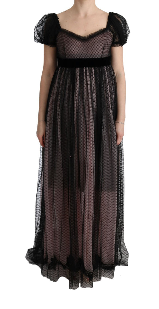 Long black lace dress with ruffled sleeves