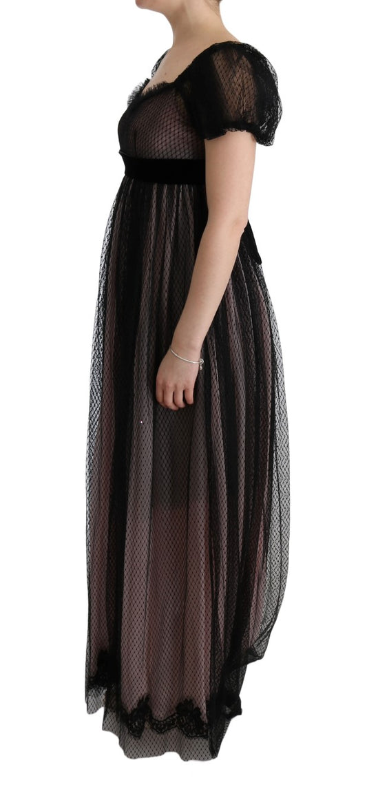 Long black lace dress with ruffles on sleeves
