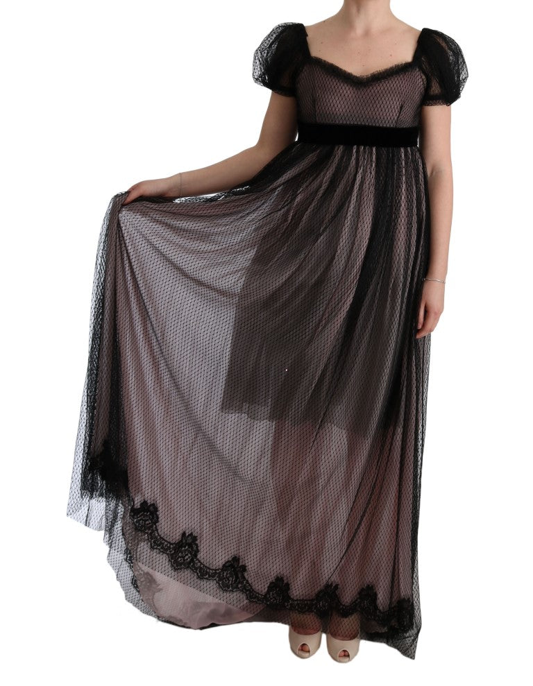 Long black lace dress with ruffles on sleeves
