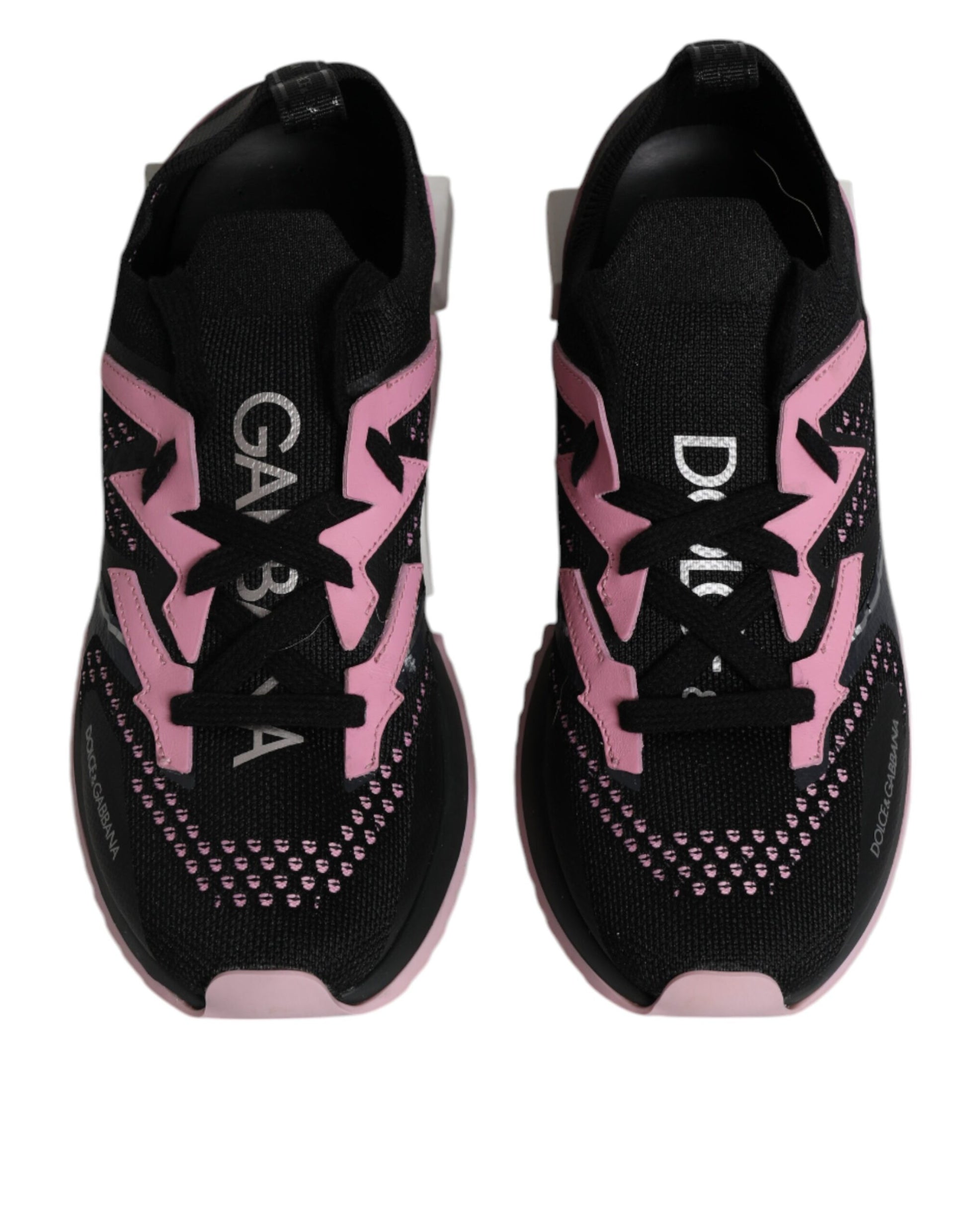A pair of black pink and white sneakers with the brand name "D&G" on the side