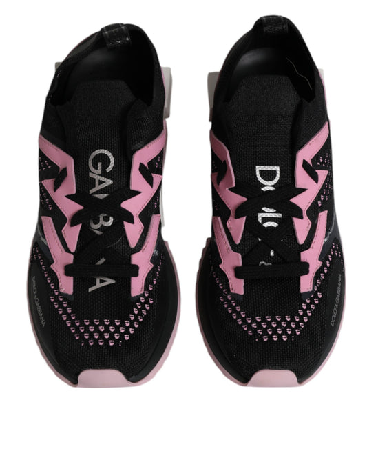 A pair of black pink and white sneakers with the brand name "D&G" on the side
