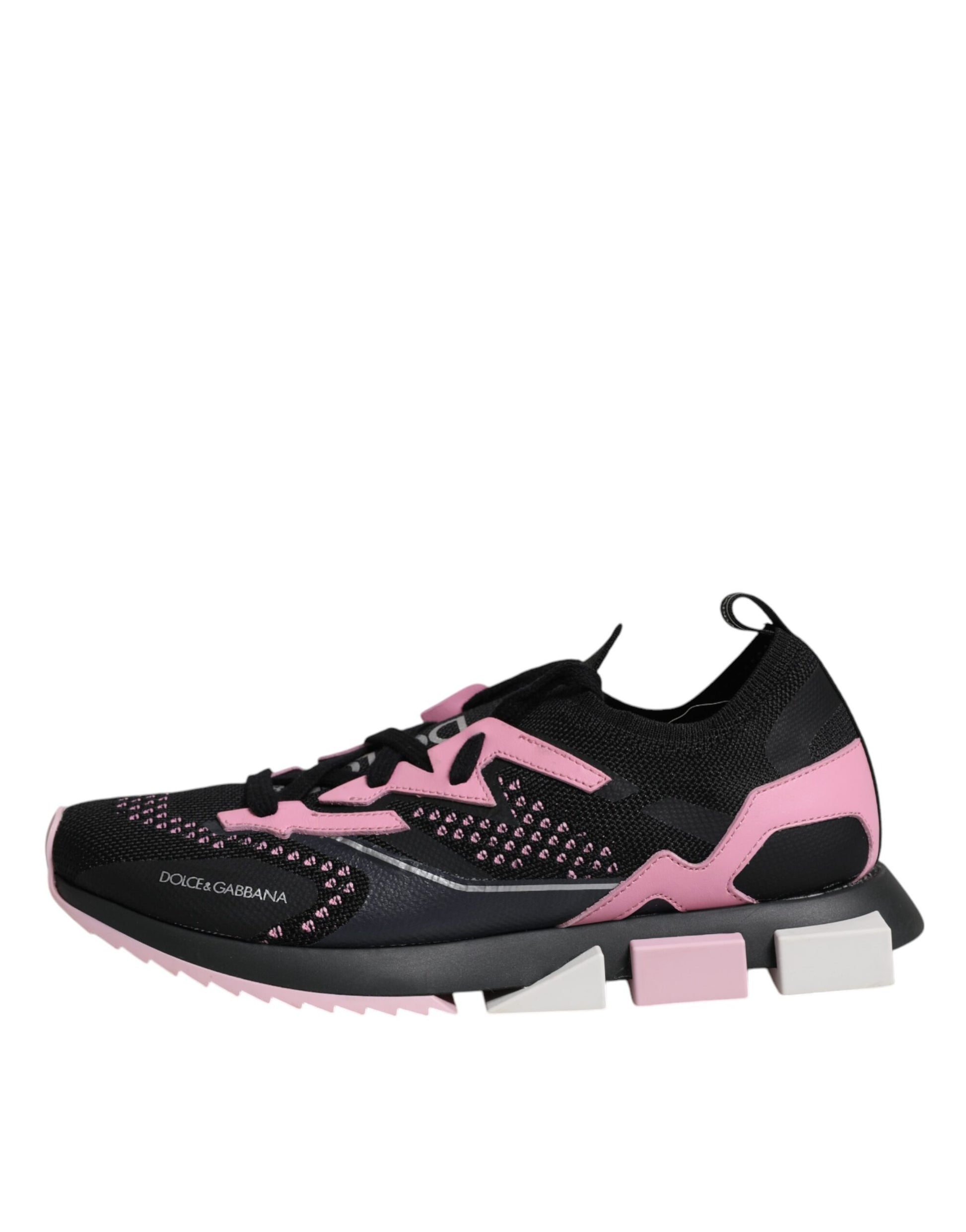 A pair of black and pink sneakers with a stretchy design, featuring the Dolce & Gabbana logo
