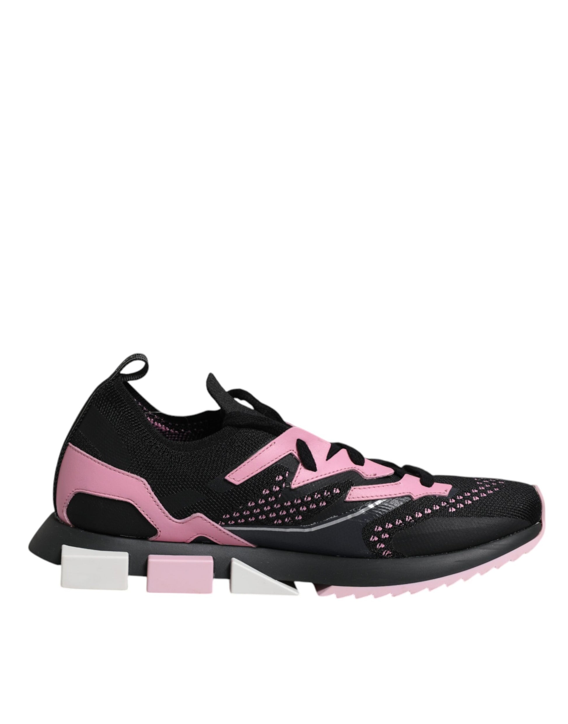 A pair of black and pink sneakers with a stretchy design, featuring the Dolce & Gabbana logo