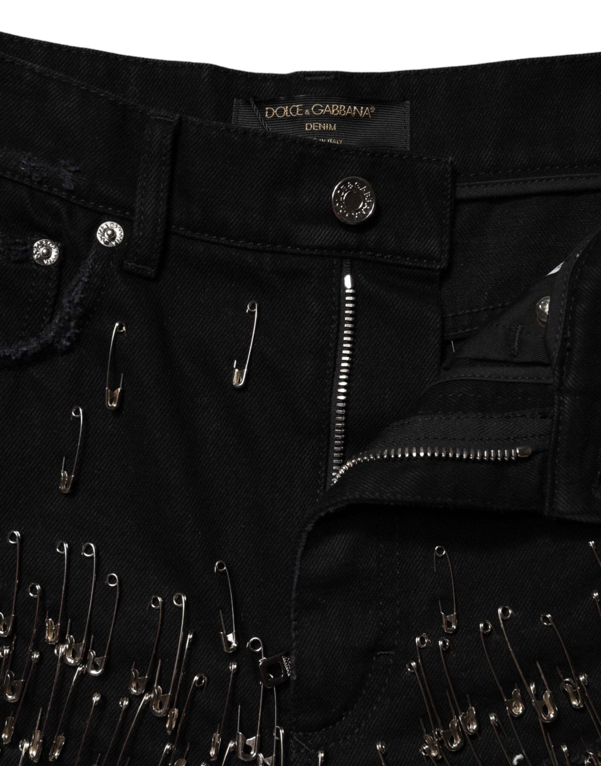 Black denim jeans with zippers on front and back