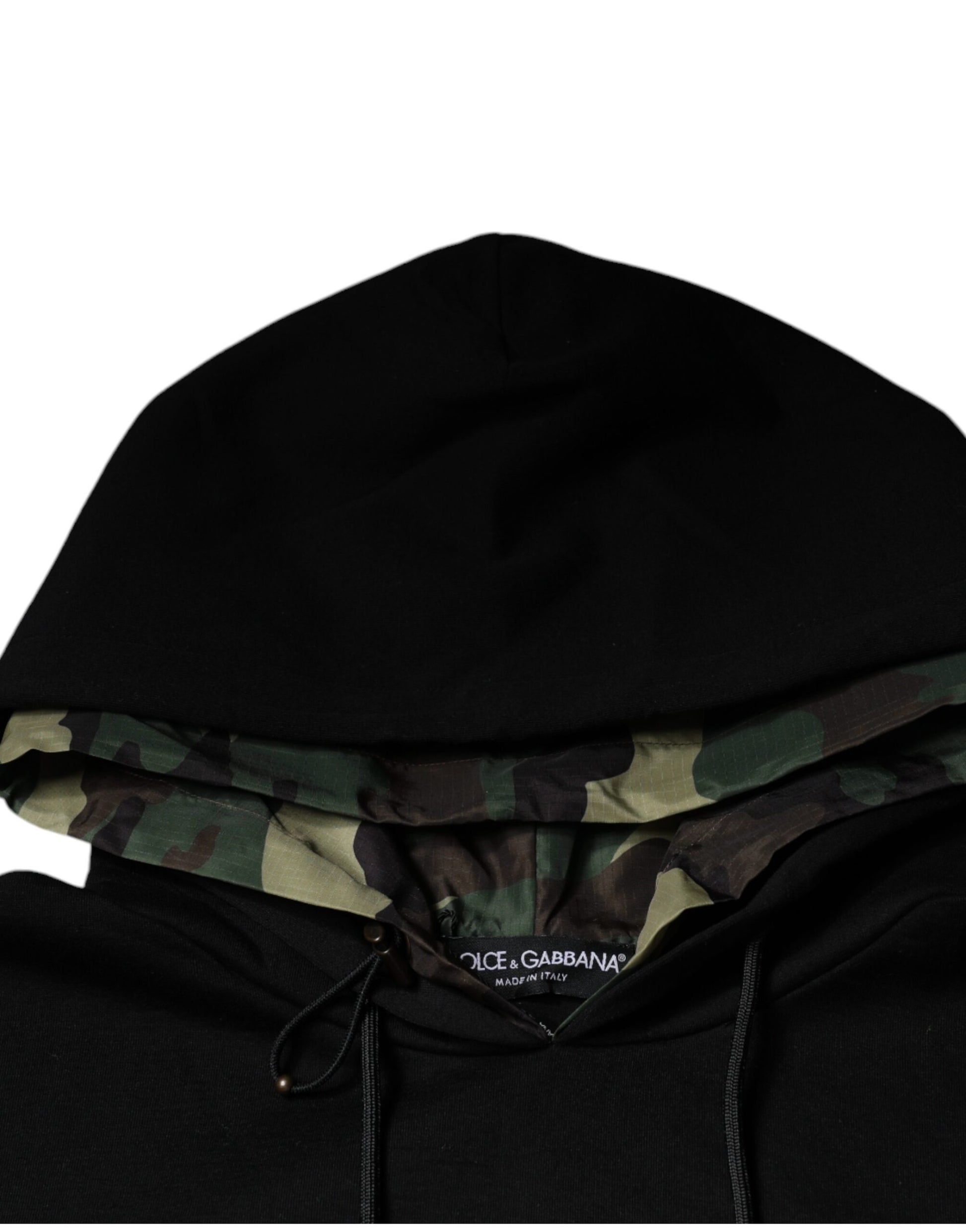 Black hoodie with camouflage pattern on sleeves