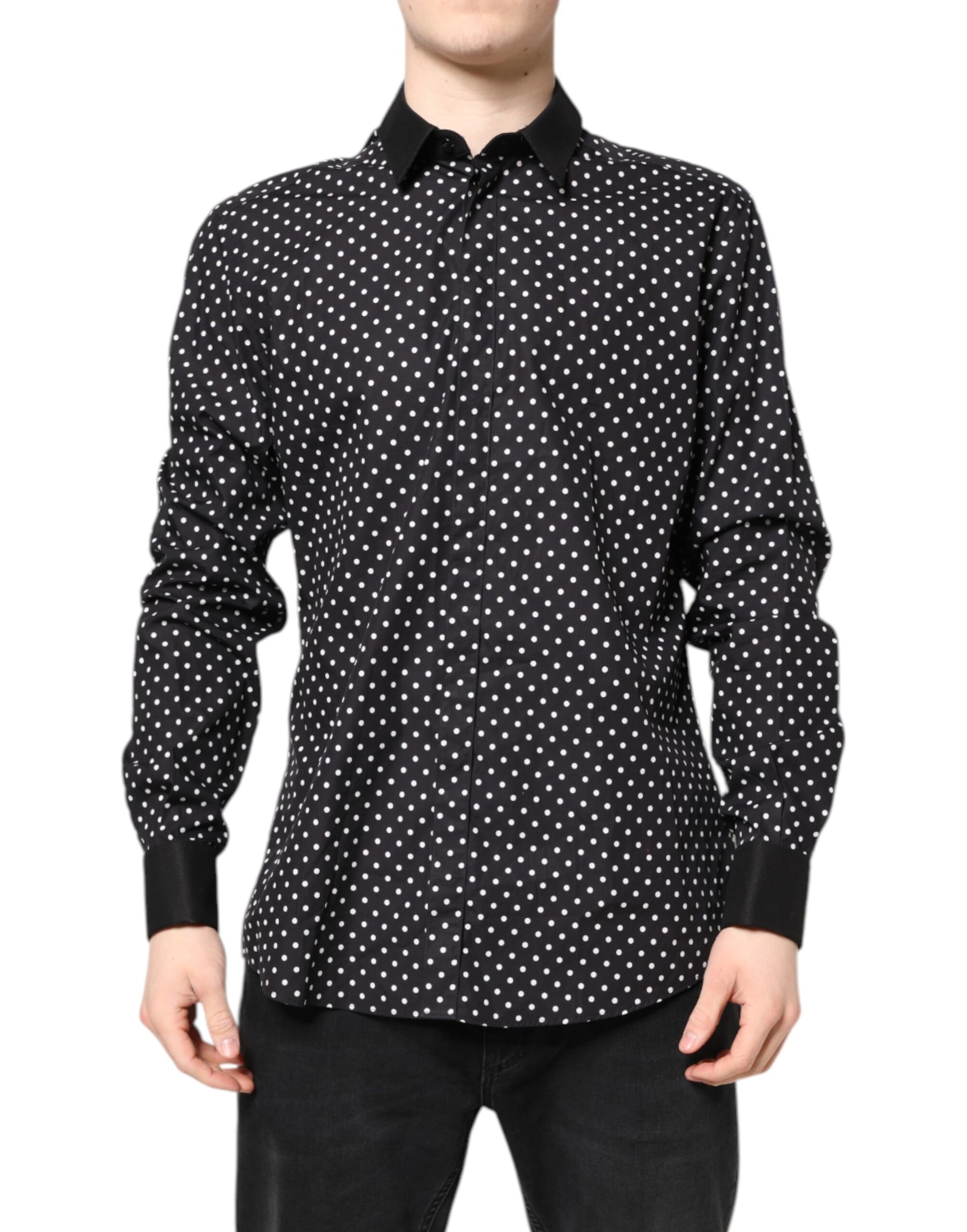 A black polka dot dress shirt with long sleeves