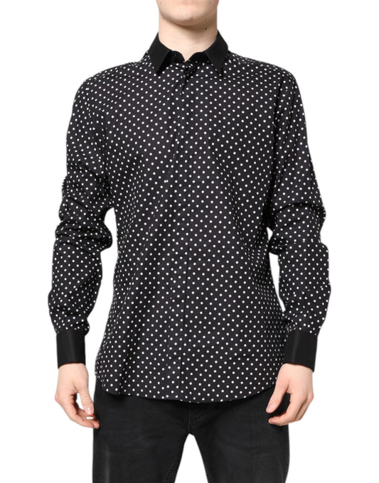 A black polka dot dress shirt with long sleeves