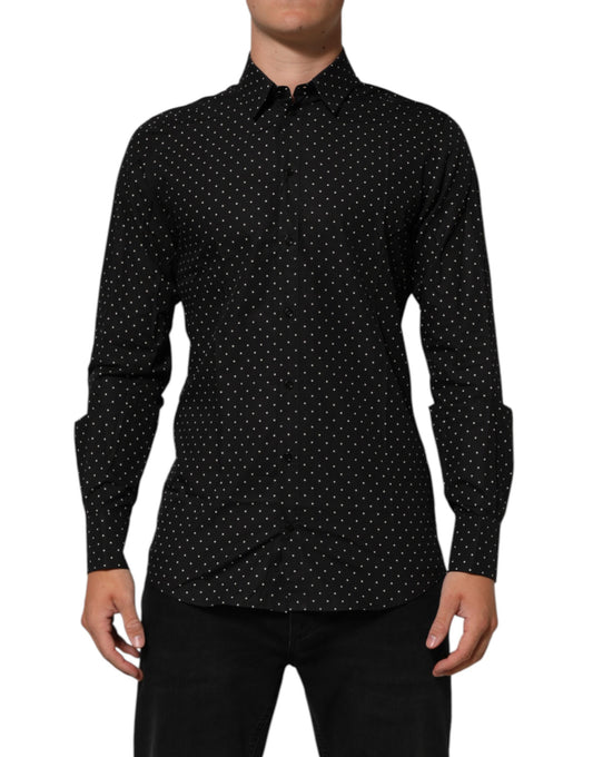 A black polka dot dress shirt with long sleeves, designed for men