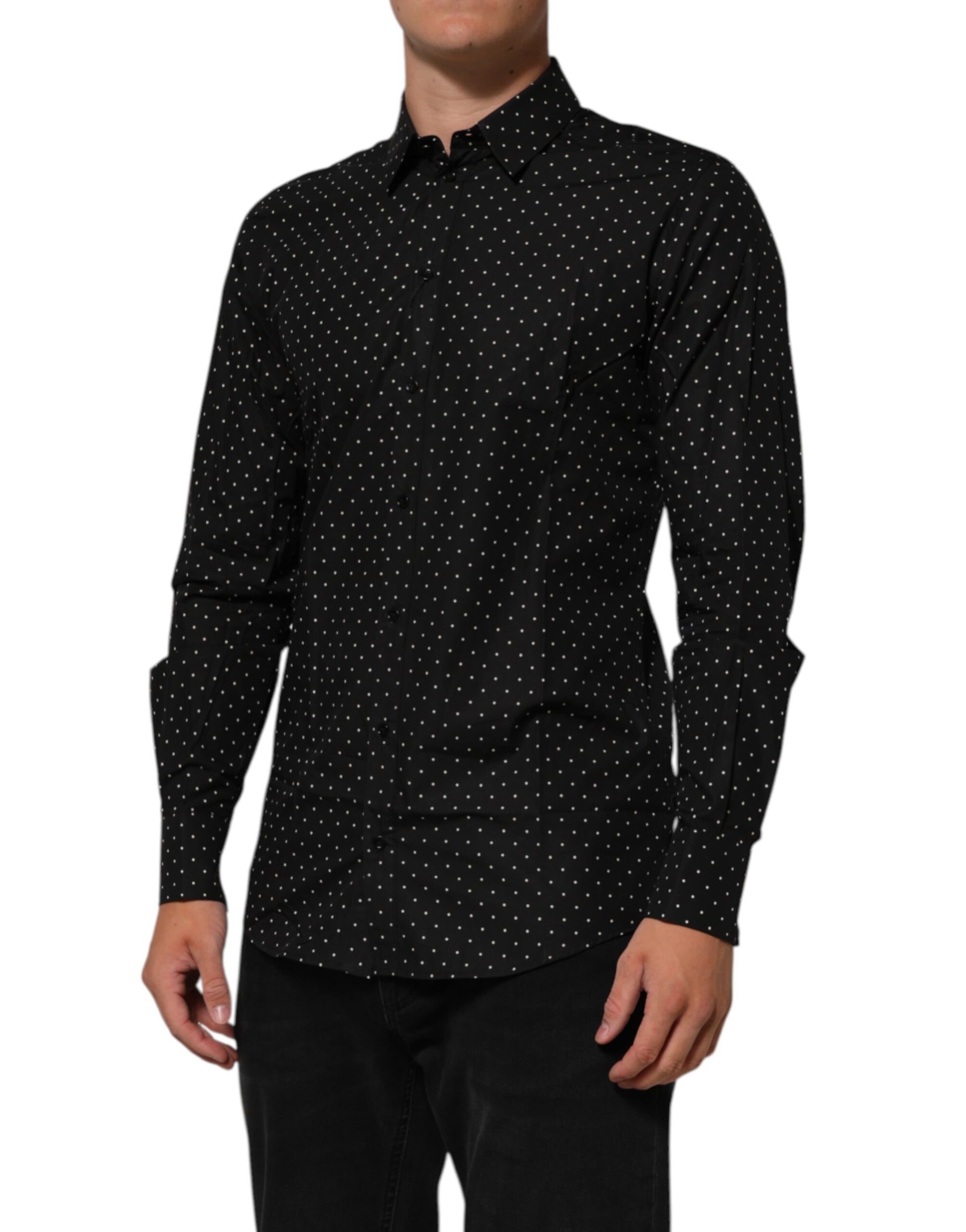 A black polka dot dress shirt for men, part of the formal wear collection by Dolce & Gabbana