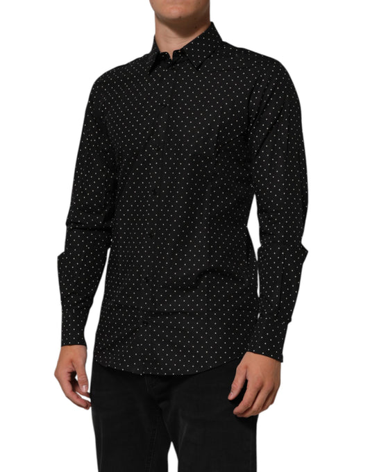 A black polka dot dress shirt for men, part of the formal wear collection by Dolce & Gabbana