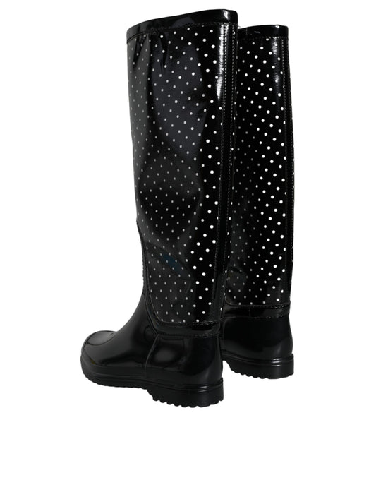 Black rain boots with polka dots