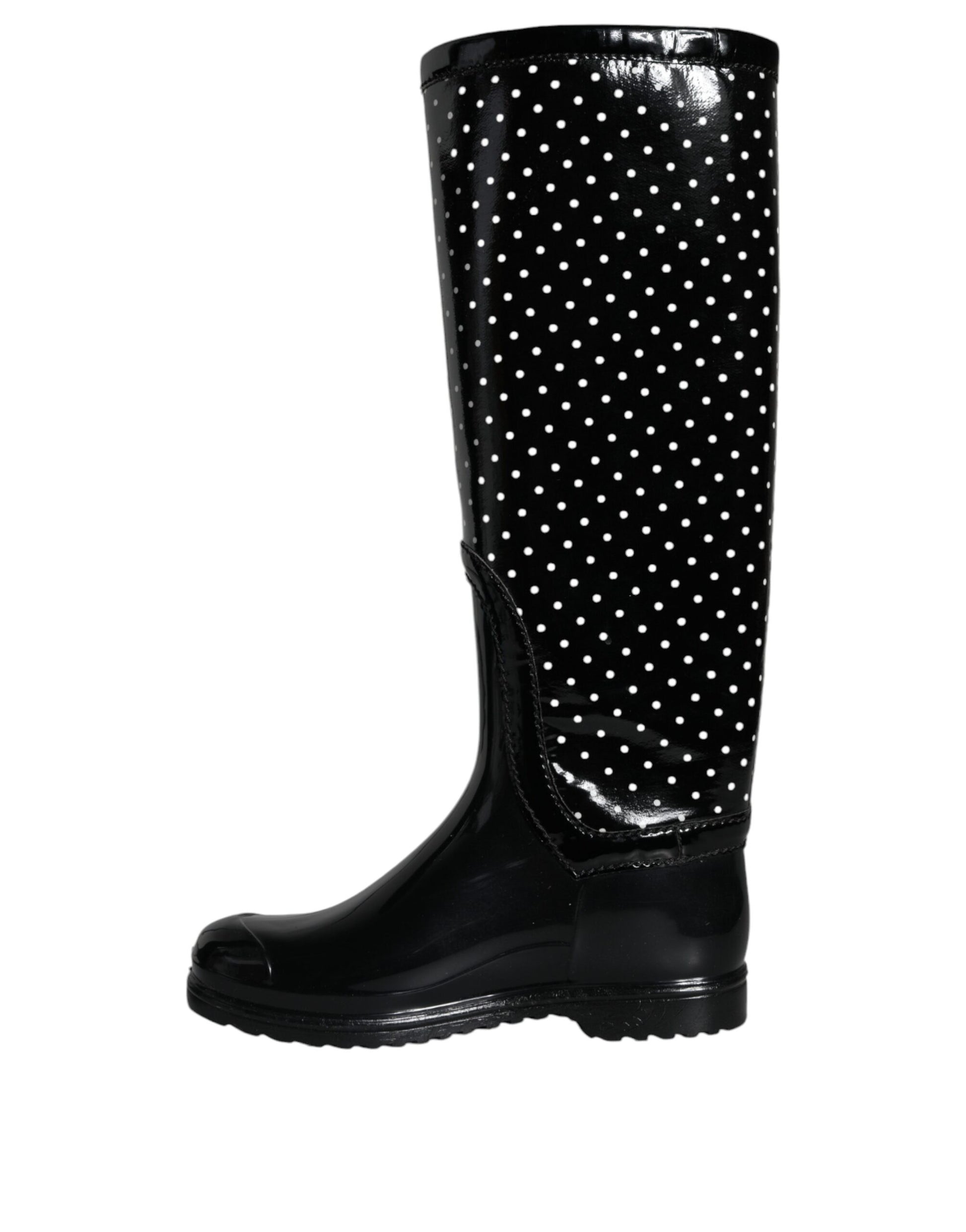 Black rain boot with polka dots