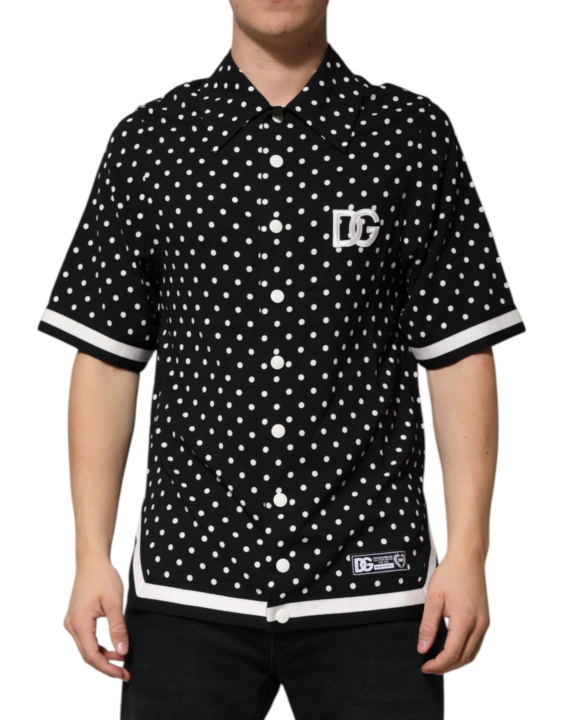 Black polka dot shirt with white buttons