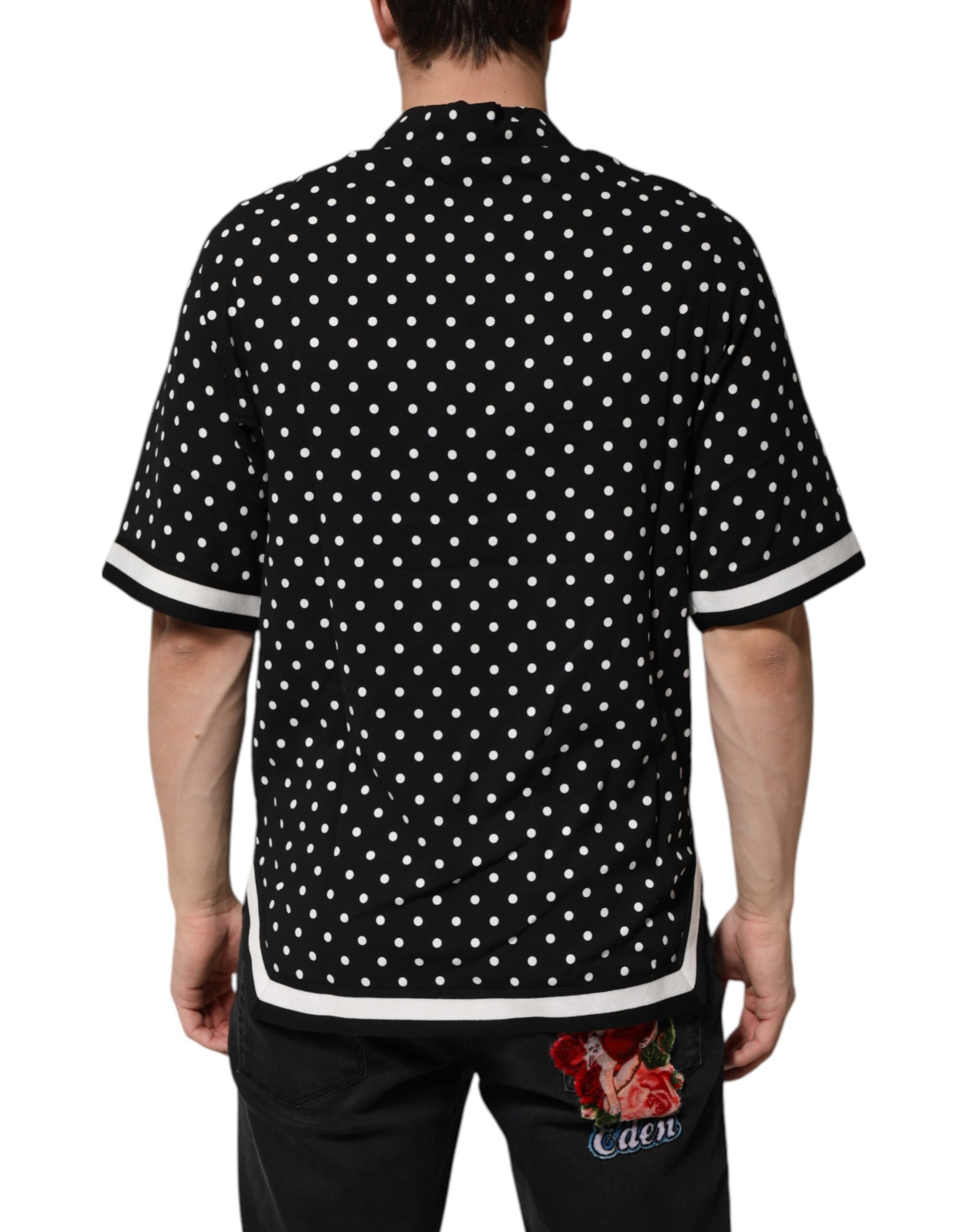 Black polka dot shirt with white trim