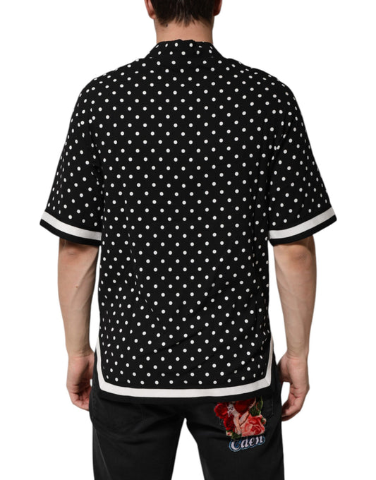 Black polka dot shirt with white trim