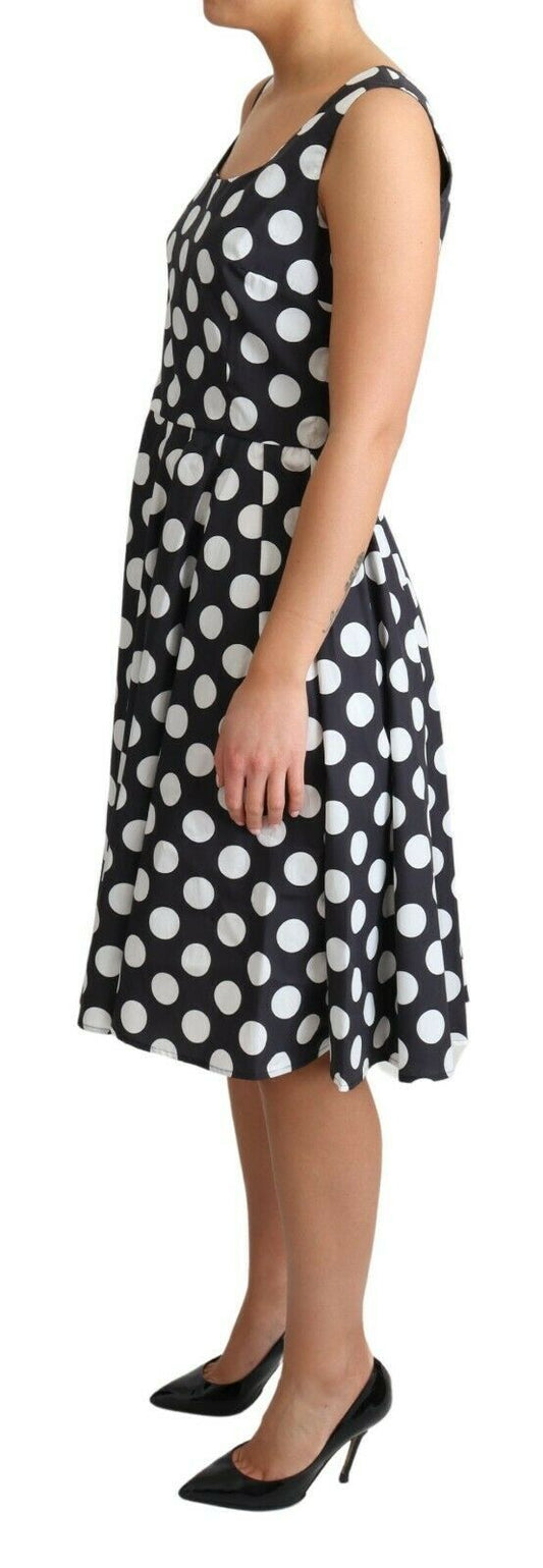 Black polka dotted cotton a-line dress