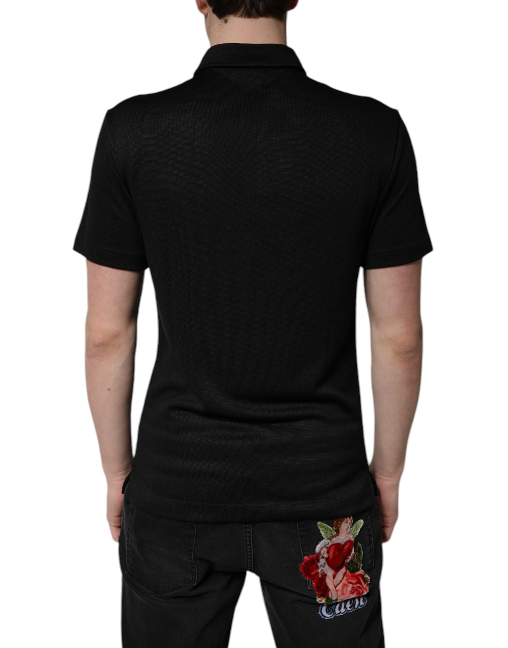 Black polo shirt with embroidered rose on back