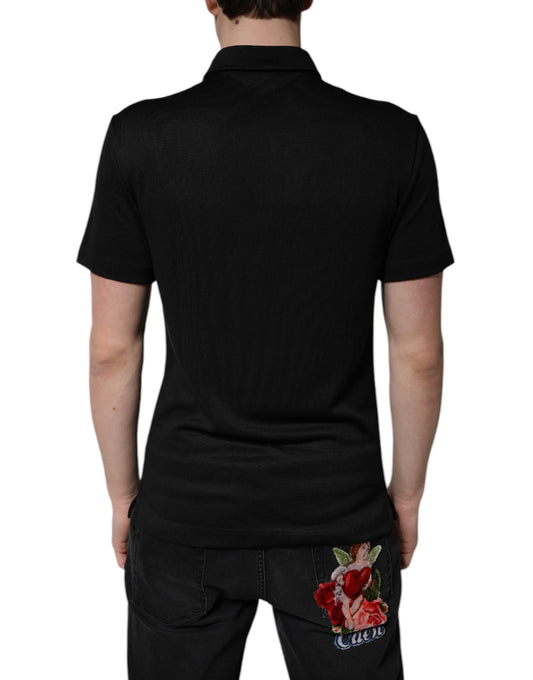 Black polo shirt with embroidered rose on back