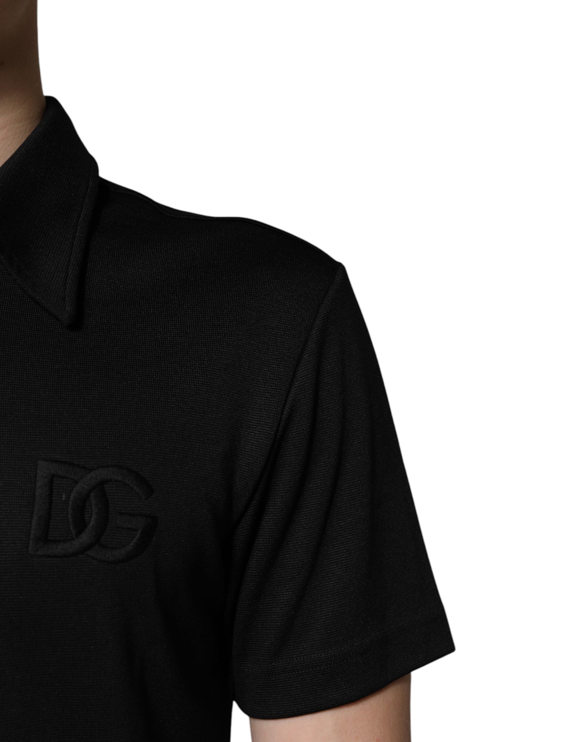 Black polo shirt with embroidered logo on left chest