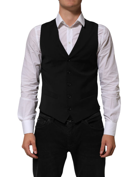 A black polyester vest with buttons and a waistcoat, part of formal wear