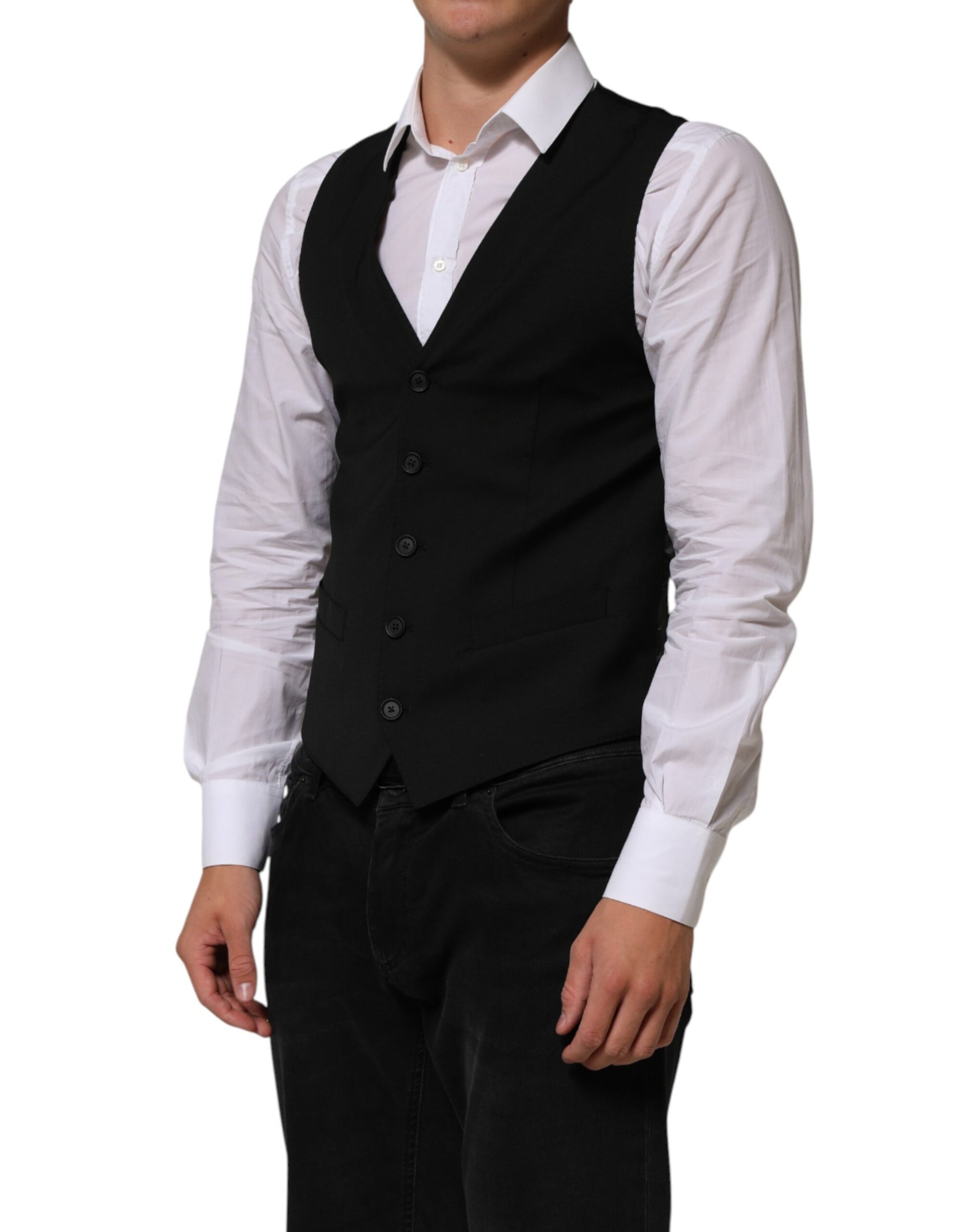A black polyester vest with a waistcoat design, part of formal wear