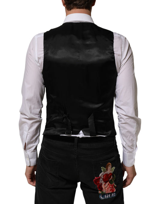 A black polyester vest with a lapel and a waistcoat