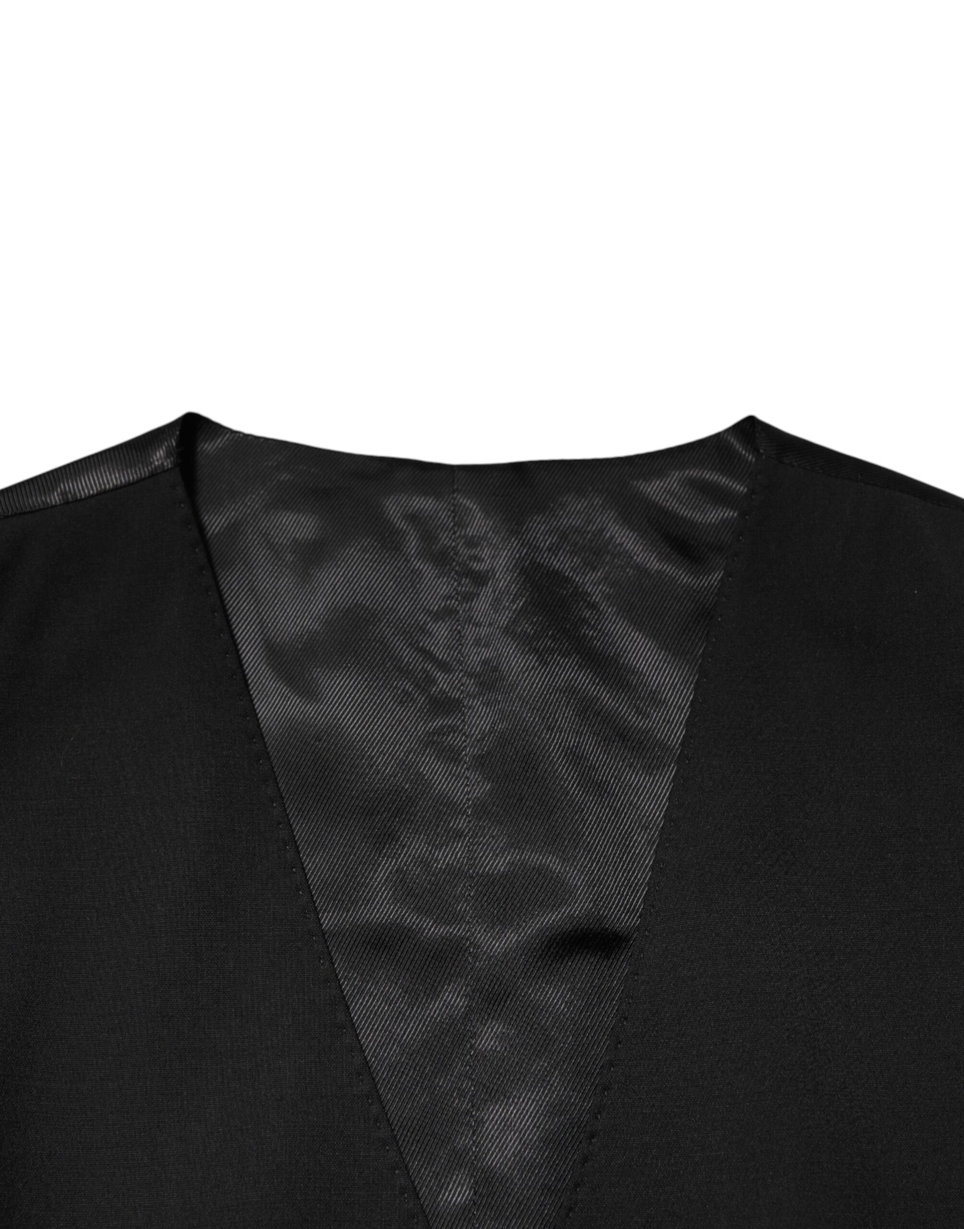 A black polyester dress vest with a textured pattern and a V-neck design