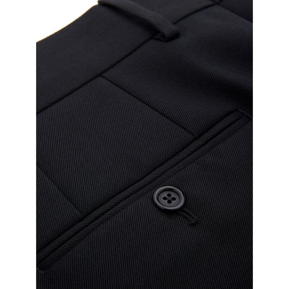 A pair of black polyester dress pants with a button closure on the waistband