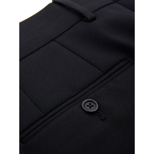 A pair of black polyester dress pants with a button closure on the waistband