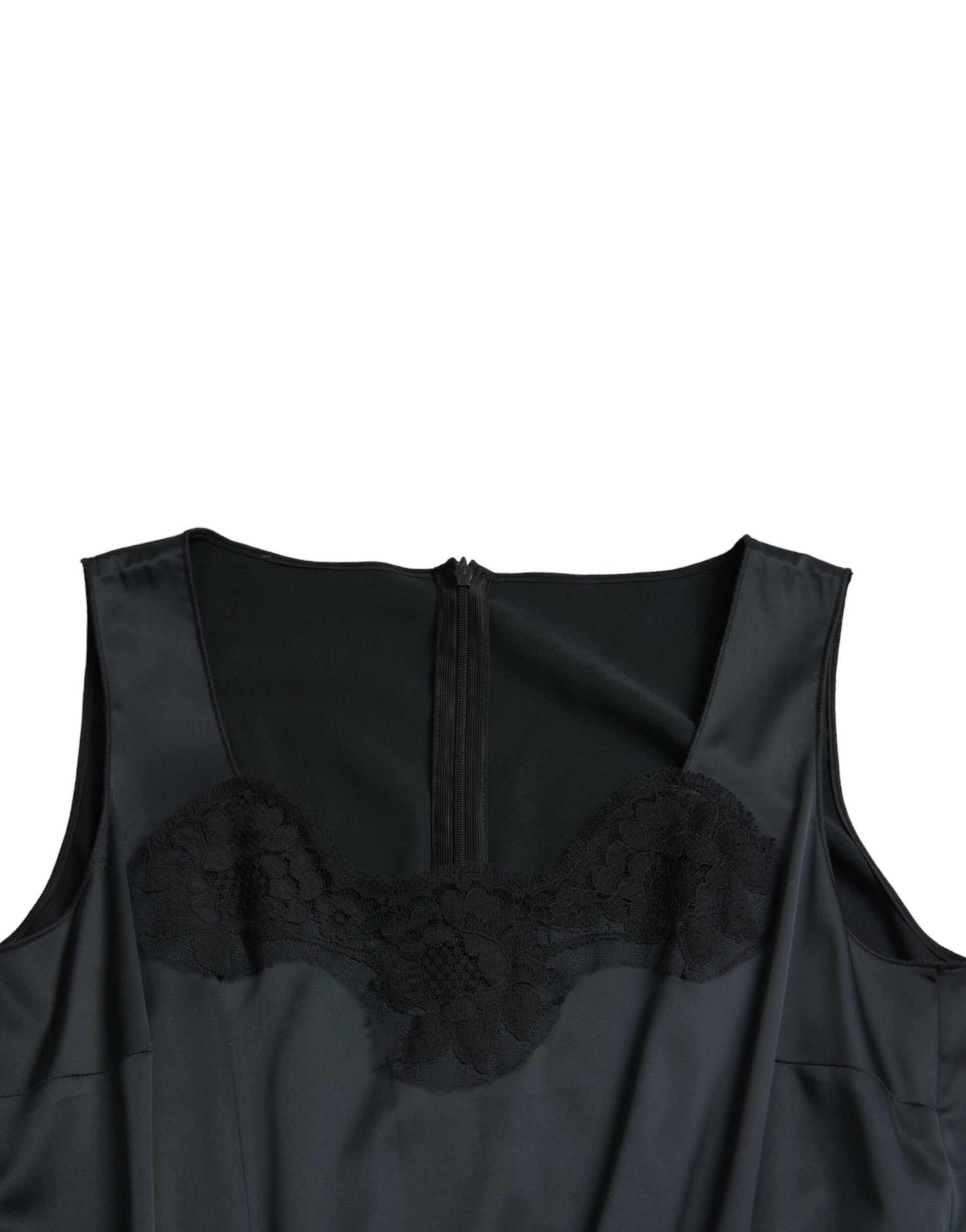 A black lace trim sheath dress with a midi length, featuring polyester material