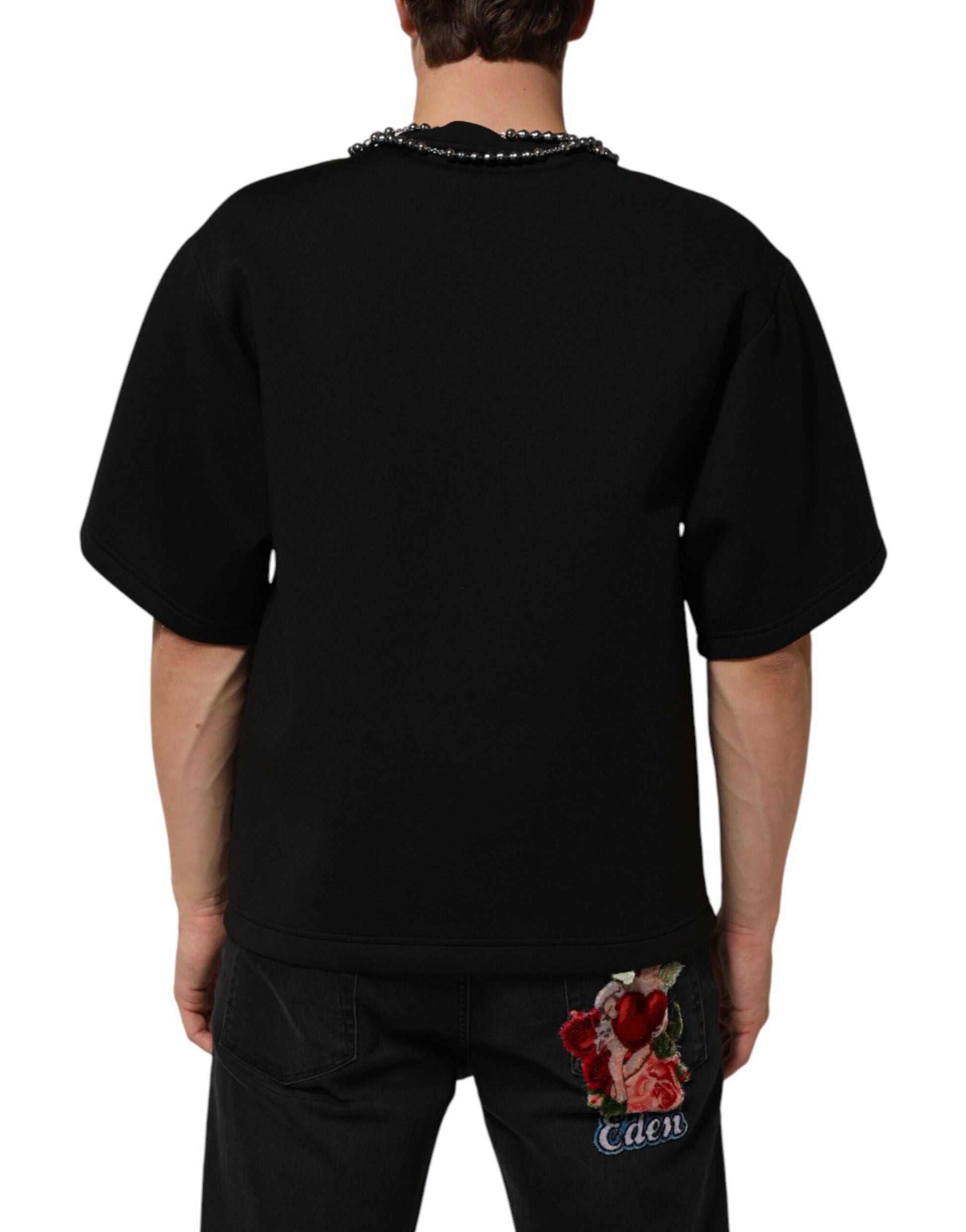 Black short sleeve shirt with horizontal stripes on back