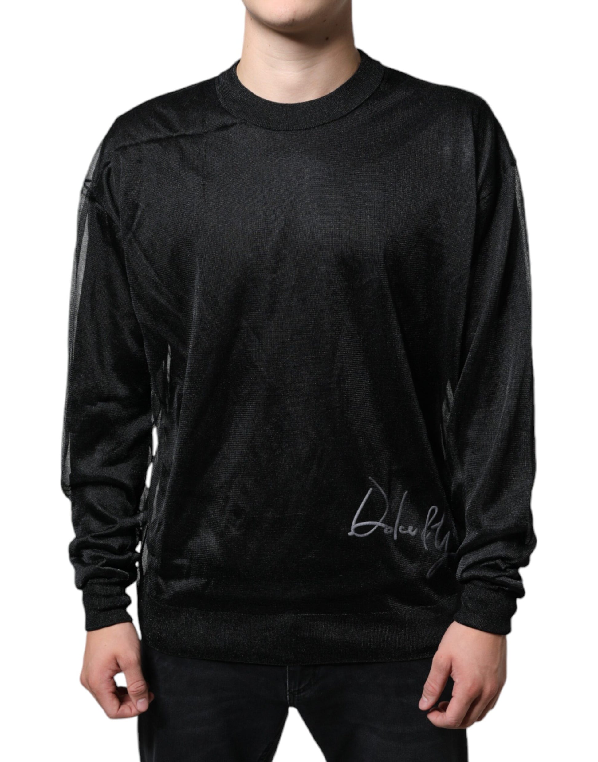 Long sleeve black sweatshirt with white stripes on sides