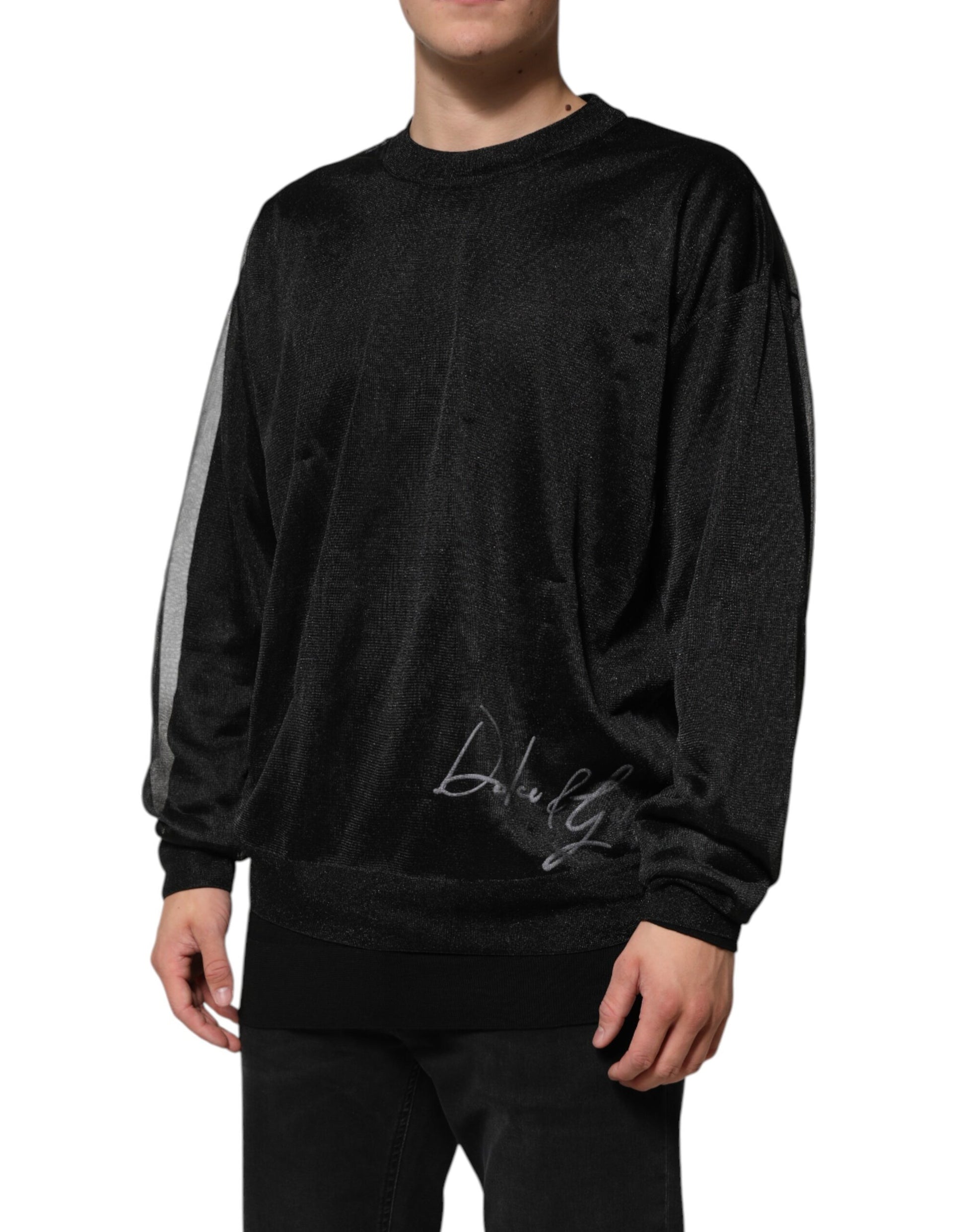 Long sleeve black sweater with white stripes on sleeves