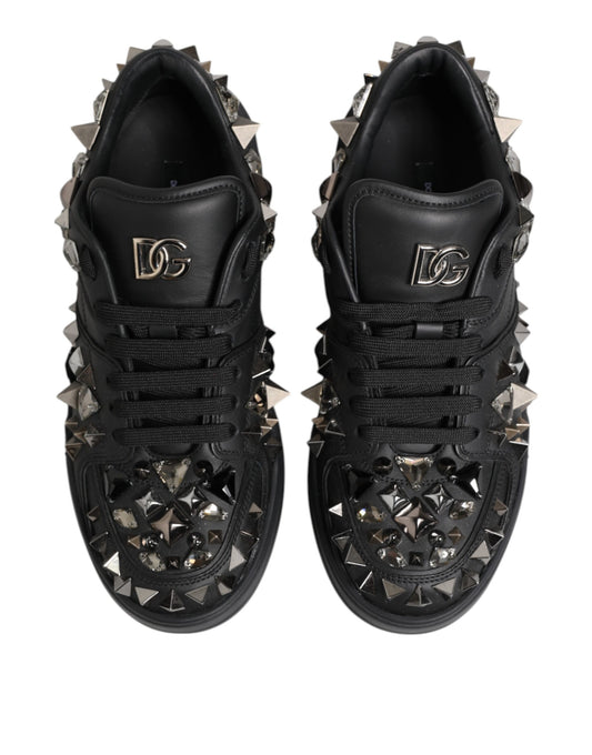 Pair of black men's sneakers with studded details and a logo on the side