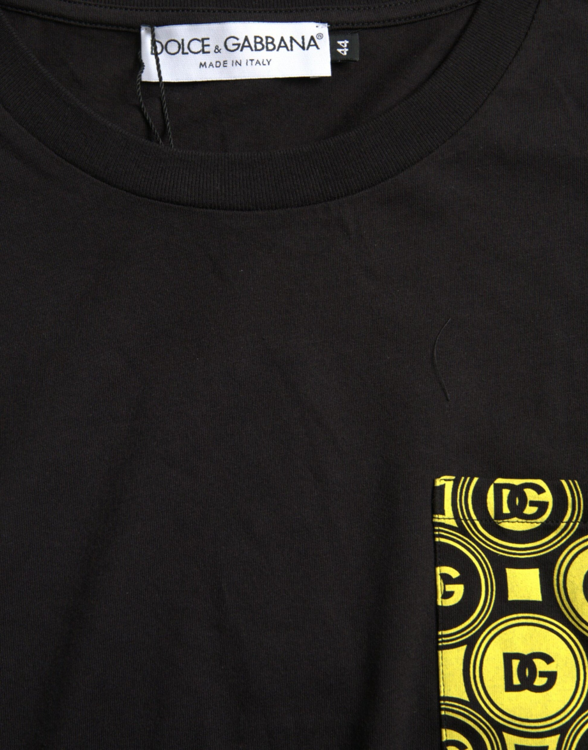 Black t-shirt with yellow logo on front